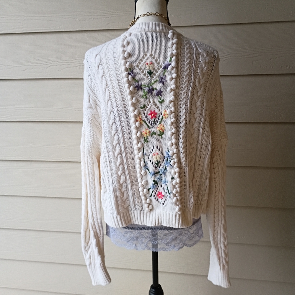 Polo Ralph Lauren Embroidered Floral Chunky Cable Knit Wool Cardigan Sweater - Picture 7 of 16
